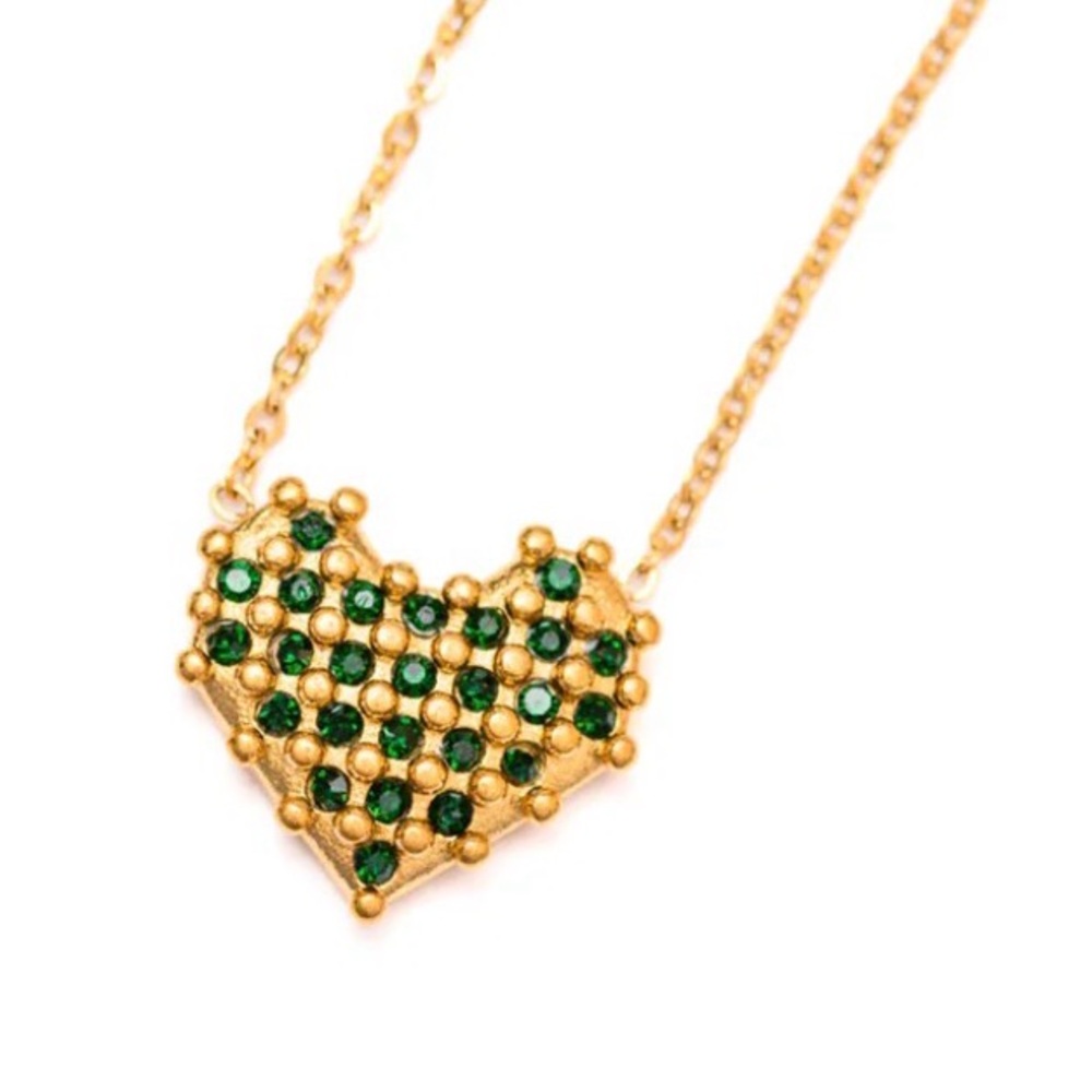18K Plated Gold Checkered Green Faceted Stones Heart Necklace